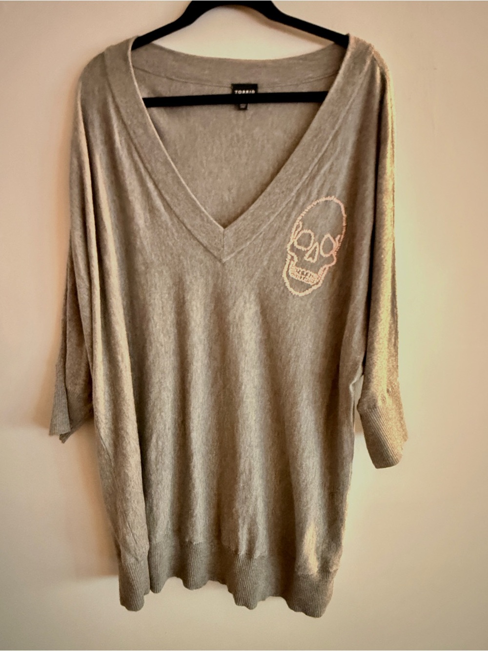 torrid Light Gray V-Neck Sweater with Skull Detail